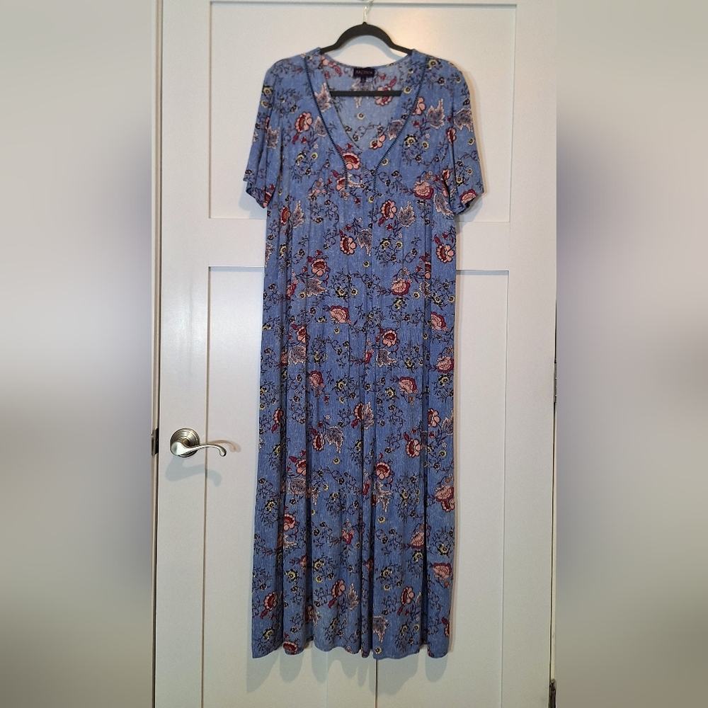 Artesia Maxi Rayon Floral Tiered Boho Dress Short Sleeves Blue Pink Size XL